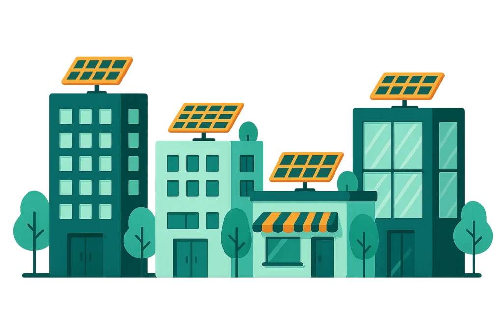 Een weergave van commerciële gebouwen met zonnepanelen.