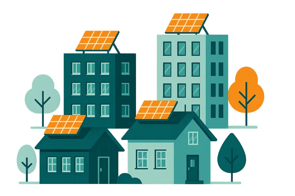 Een weergave van woningen en appartementencomplexen.