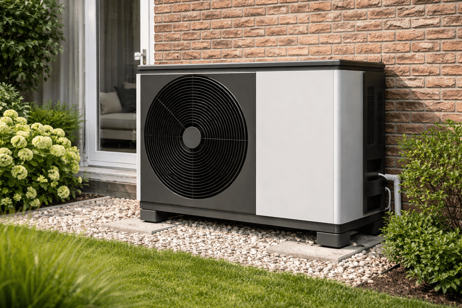 Moderne hybride warmtepomp naast een Nederlandse woning, geplaatst in de tuin tegen een bakstenen gevel.