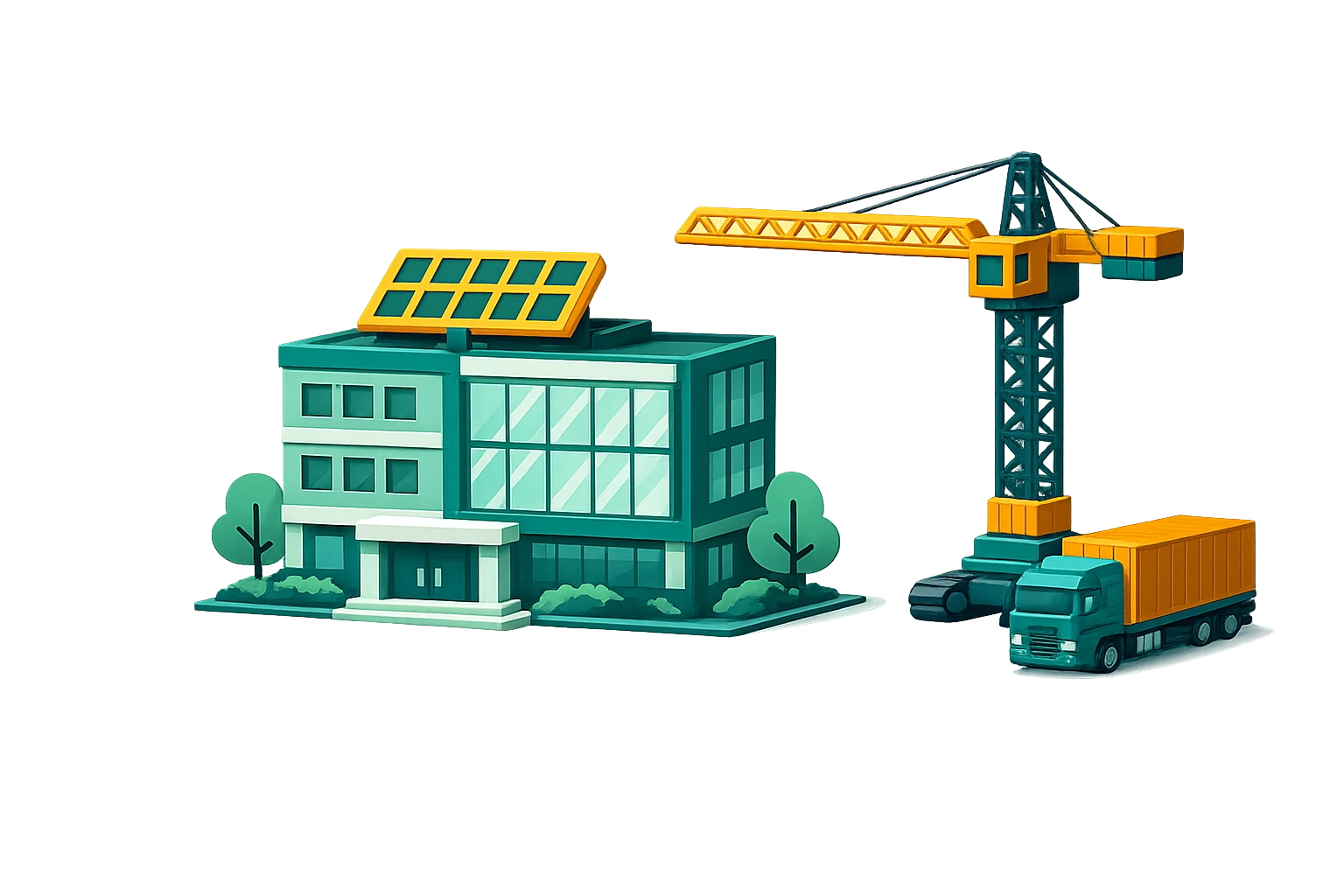 Kantoorpand in verbouwing met hijskraan en vrachtwagen, illustratie van verduurzaming tijdens renovatieproject