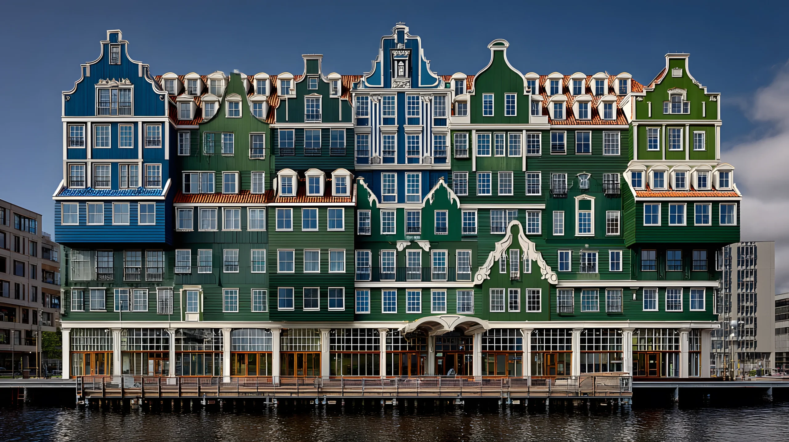 Rij kleurrijke Nederlandse gevels langs het water als beeld van woningvastgoed en energielabel